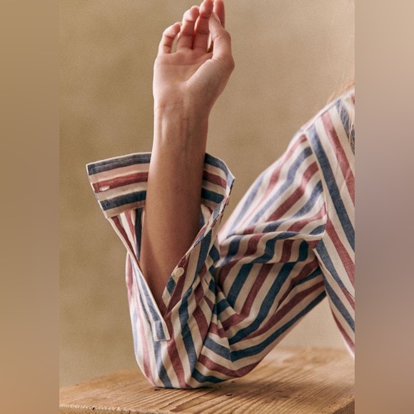 Sézane Max Shirt in Blue Ecru Burgundy Stripes FR 42 / US 10 - Picture 3 of 16